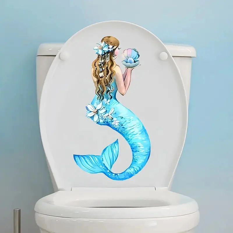 Blue Tail Mermaid Self-Adhesive Toilet Stickers,Wall Decal Removable, Reusable Vinyl Car Sticker for Toilet Lid, Bathroom Decor