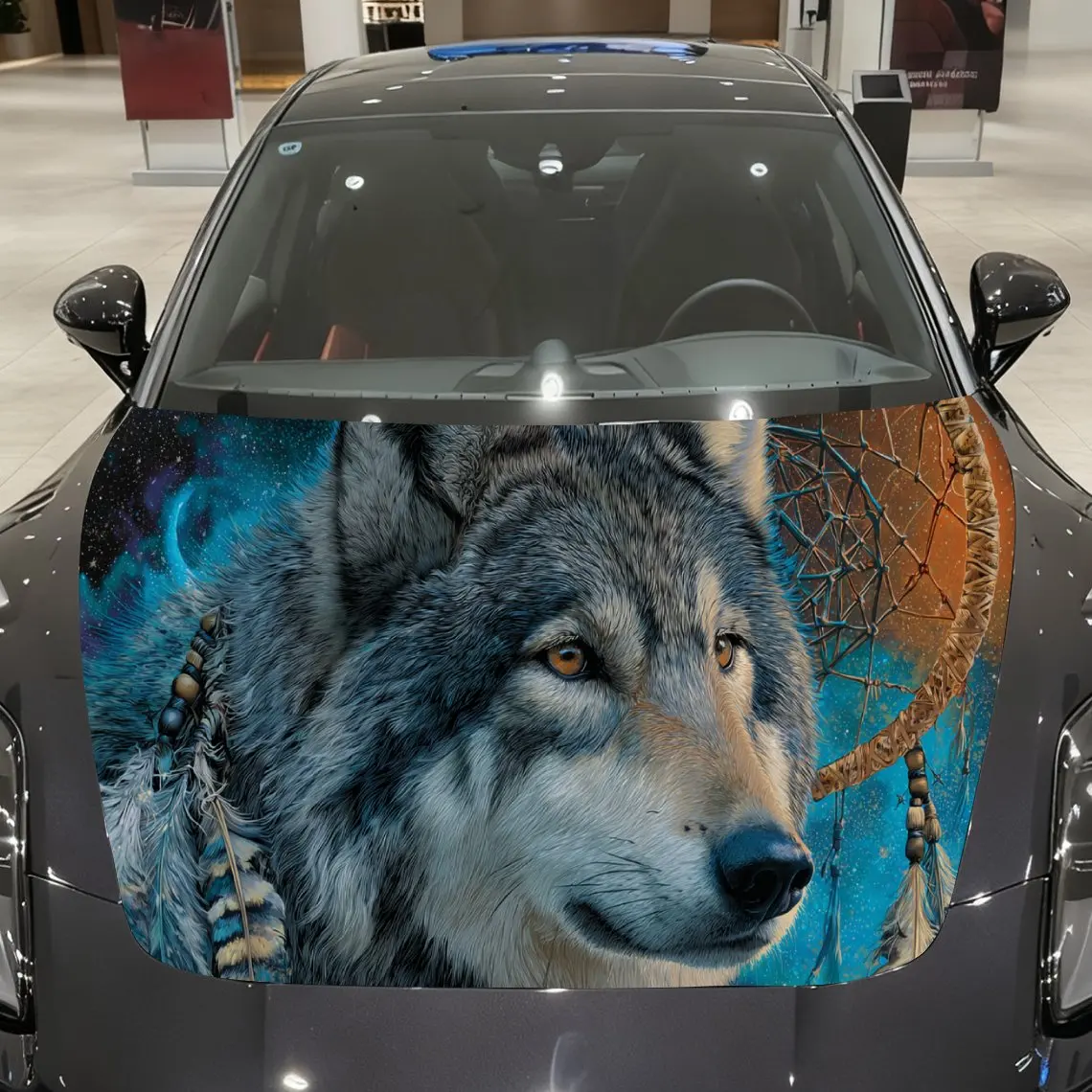 Car Decals A Wolf In Dual-Tone Cosmic Scene Close - Up With Intricate Feather Details, Contrasting Color Zones And Mesmerizing V