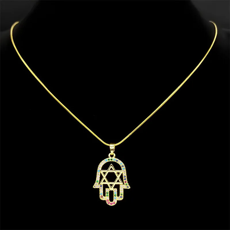Women's Hamsa  Star of David Pendant Necklace AAA CZ Inlaid, Stainless Steel Chain for Faith Daily Wear