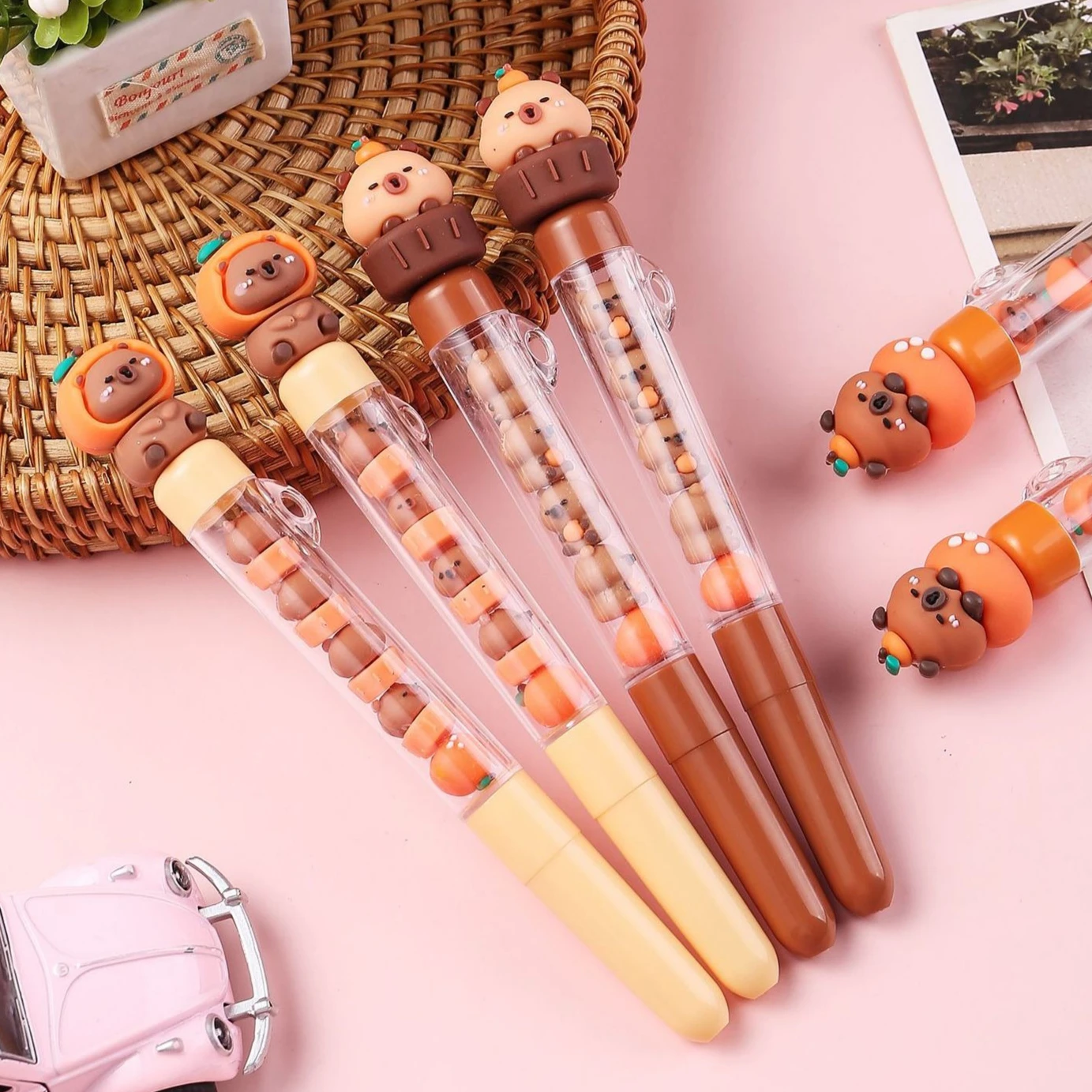 4Pcs/Lot Kawaii Capybara Stacking Game Gel Pens 0.5mm Black Ink Quick-Drying Neutral Pen Student Writing Tool for School Office