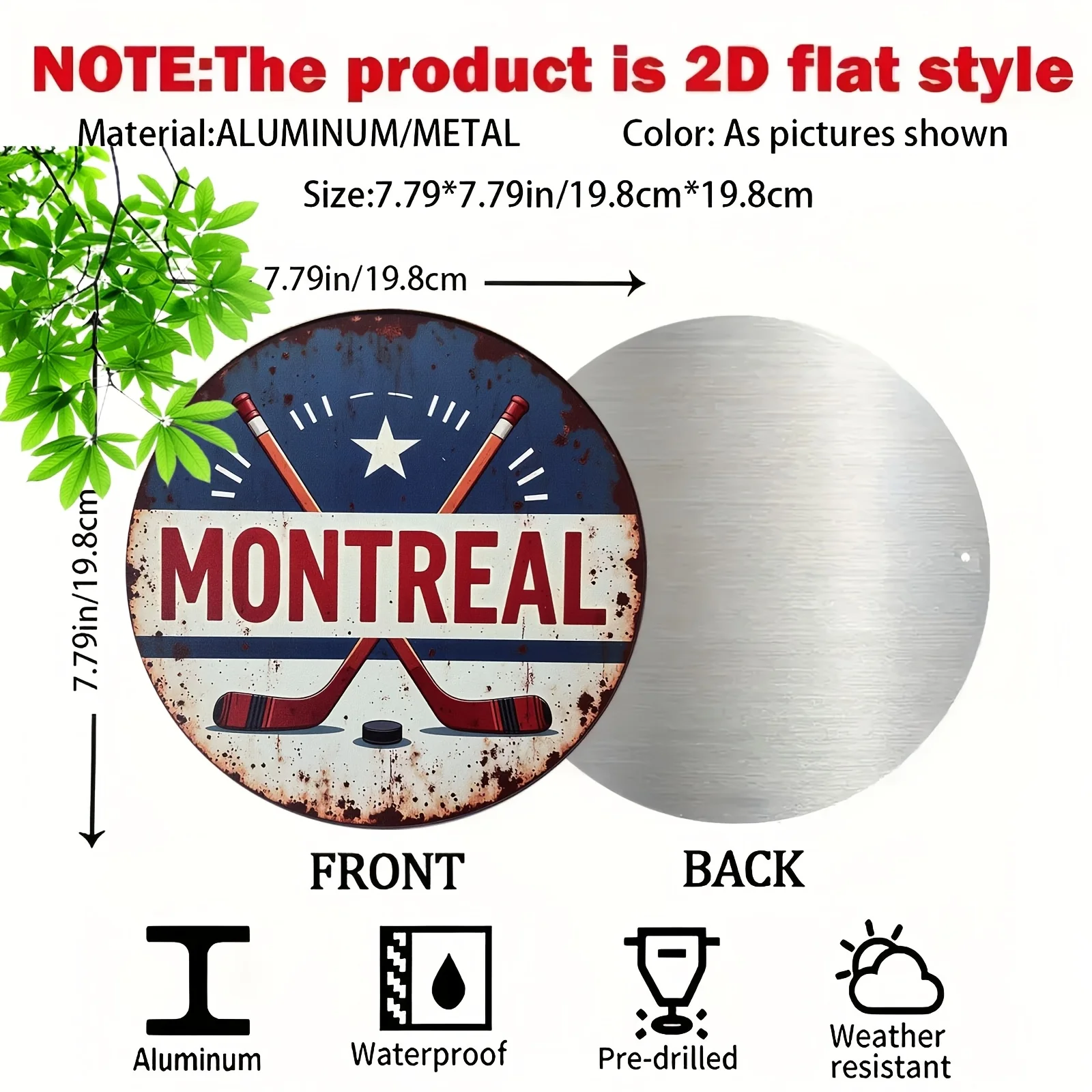 2D Flat, 1pc Vintage Montreal Hockey Metal Sign - Rustic Circular Design with Hockey Sticks & Stars, Distressed Finish, Aluminum