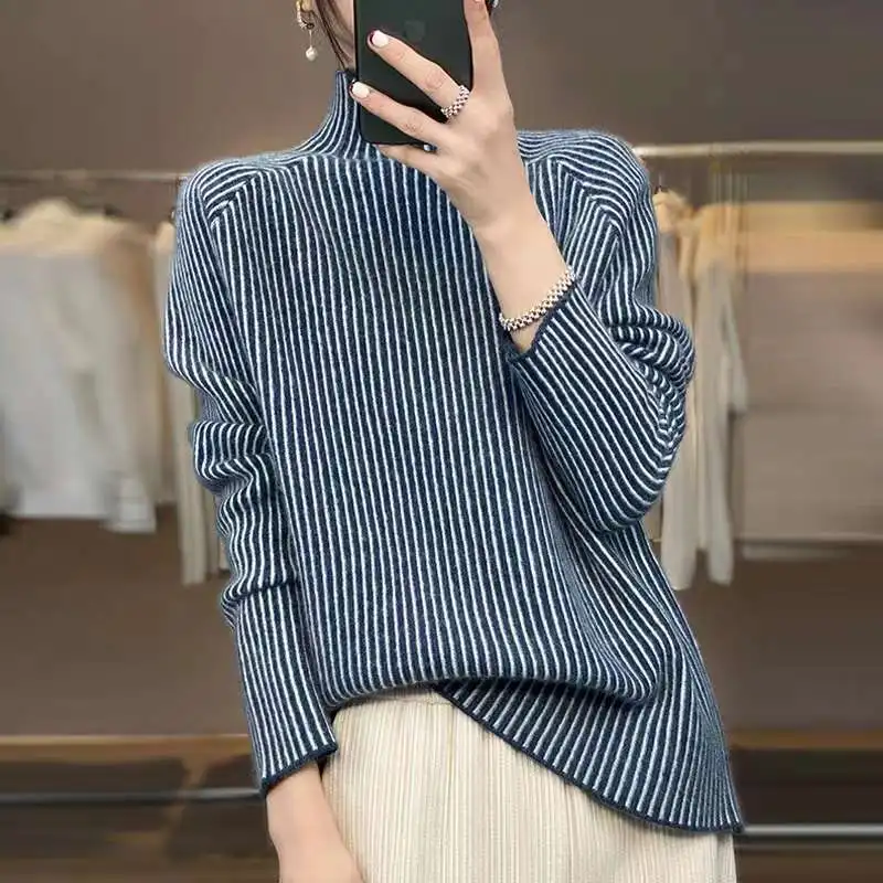 Autumn and Winter New Women\'s Pullover Wool Half High Neck Panel Vertical Stripe Long Sleeve Elegant Fashion Sweater Casual Top