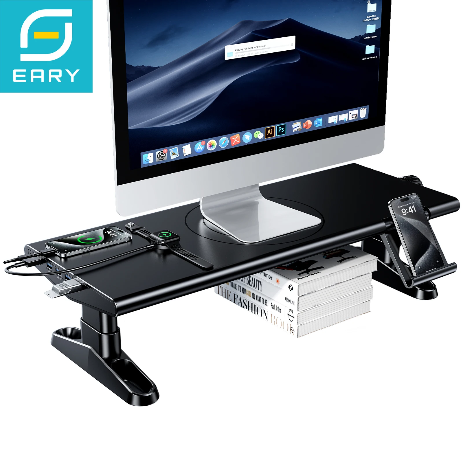 Eary Computer Monitor Stand Riser Height Adjustable With 4-Port USB 3.0 Type-C for Laptop Office Desk Accessories Phone Holder