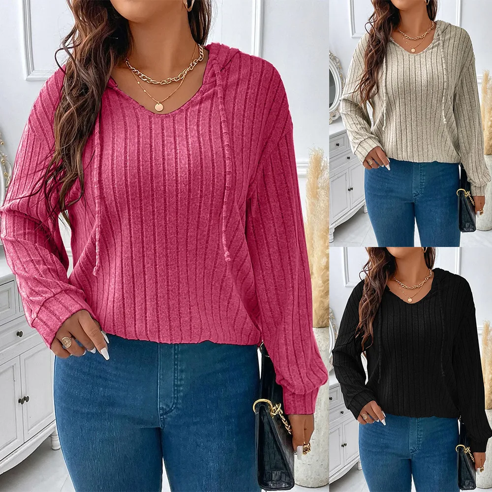 New Solid Color Plus Size Women's Top V-neck Hooded Long Sleeved Groove Brushed T-shirt Loose Fit