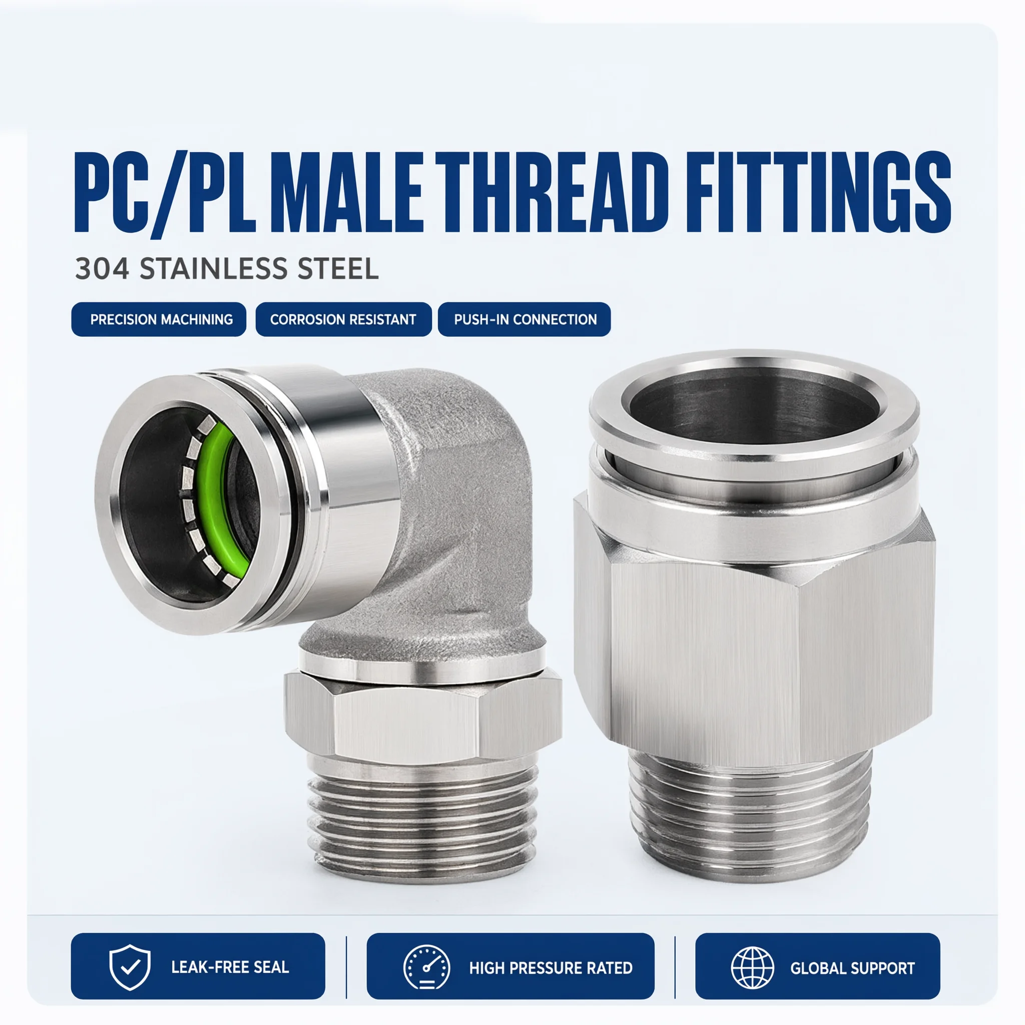 304 Stainless Steel Push to Connect Fitting Pneumatic Air Hose Quick Connector Straight Thread Fitting BSPP G1/8 G1/4 G3/8 M5