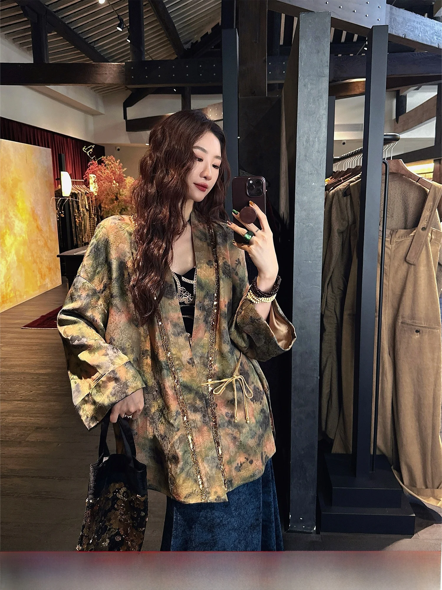 

Шелковый халат Sanji Bla с цветочным узором, женский, новинка осени 2025, с длинными рукавами, простой, для повседневной носки, свободный крой, ощущение прохлады