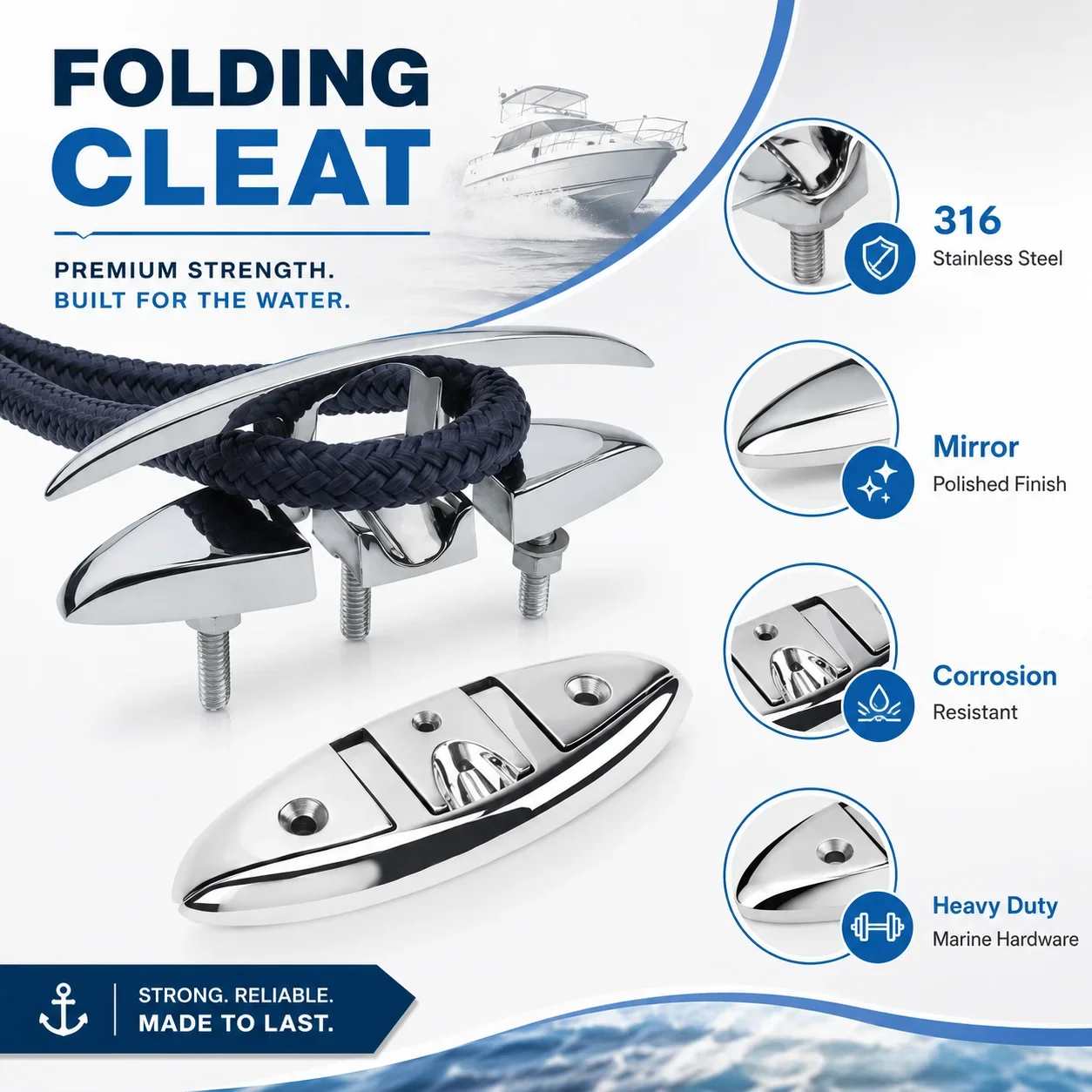 Folding Mooring Cleat 5 6 8 Inch 316 Stainless Steel Mirror Polished Deck Hardware for Boats Yachts Kayaks Docks and Marine Use