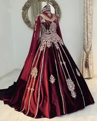 Moroccan Caftan Burgundy Evening Dresses Lace Applqiue hunter green Velvet arabic Prom Dress robe de soirée de mariage