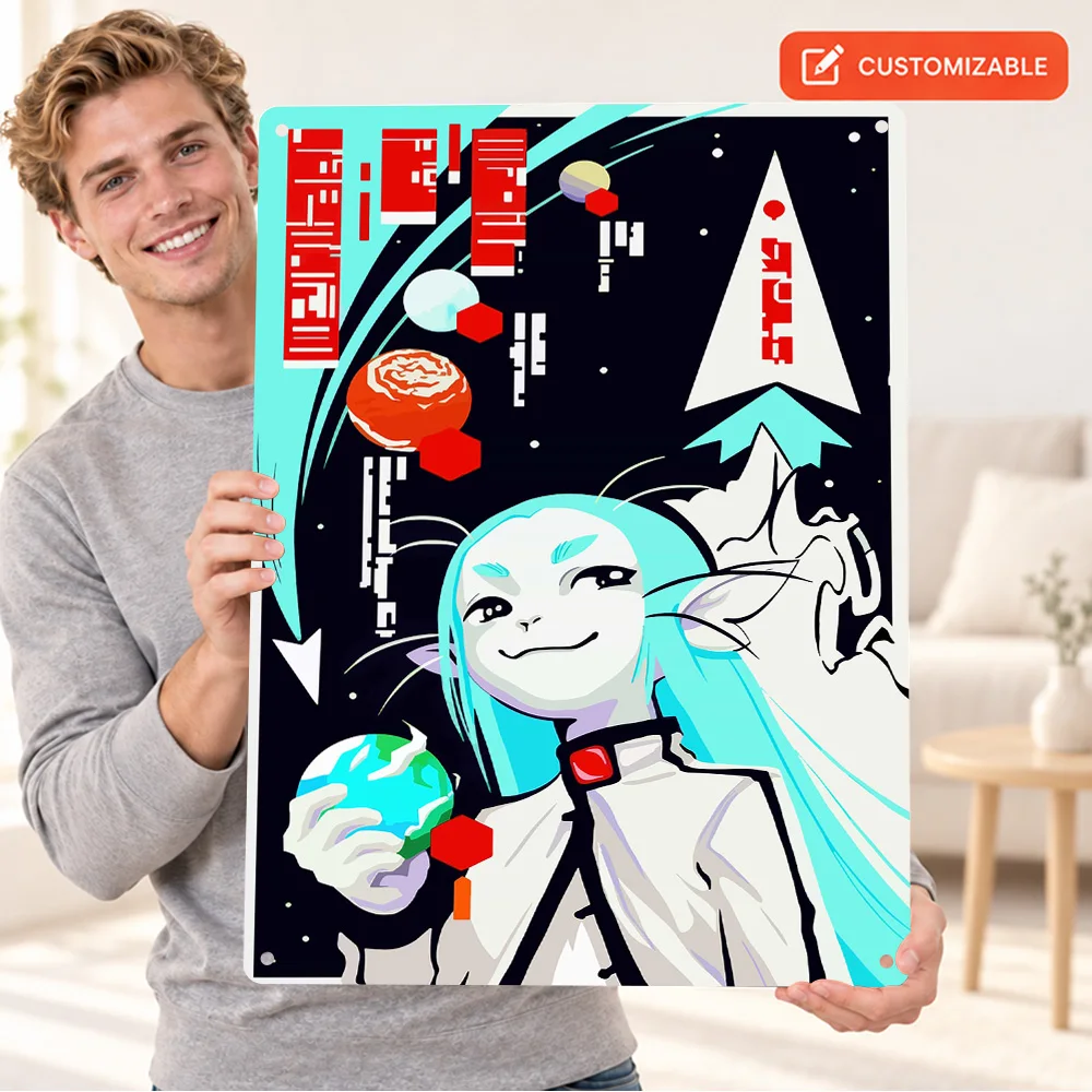 Anime Character Holding Earth Aluminum Poster Personalized Metal Sign Minimalist Vector Illustration Wall Art For Living Room