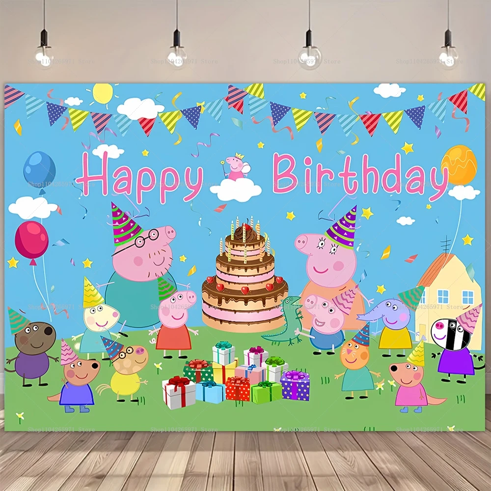 Colorido Fondo de Cumpleaños de Peppa Pig, Decoración para Fiestas Infantiles, Pancarta con Diseño de la Familia Pig, Decoración para Baby Shower