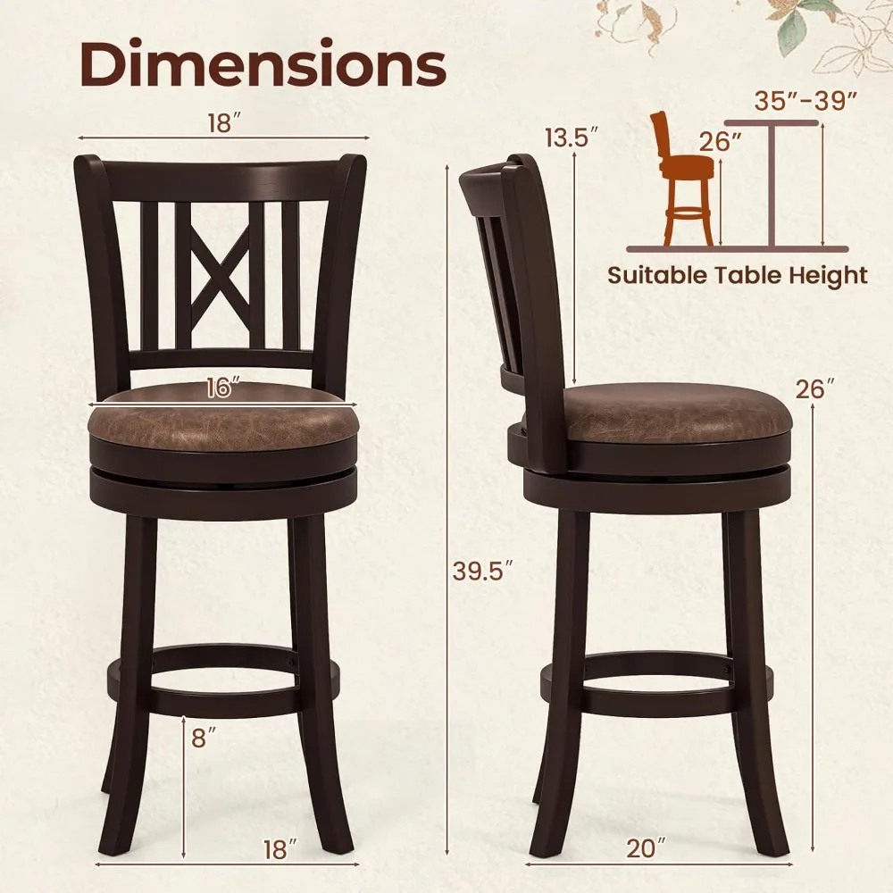 Bar Stools Set of 2, 26” Swivel Bar Chairs with Footrest, Rubber Wood Frame & Hollowed Backrest, Leathaire Counter Heigh