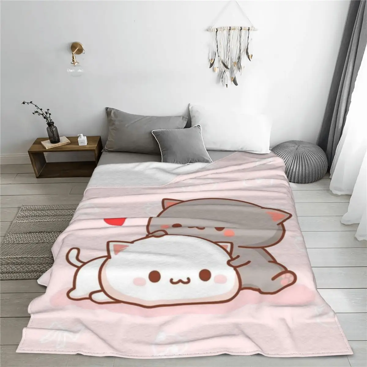 Cute Pink Peach And Goma Blankets Cartoon Mocha Mochi Peach Cat Wool Funny Warm Throw Blankets for Bed Sofa Winter