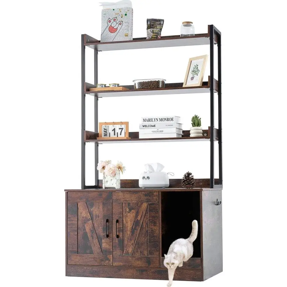 

Cat Litter Box Enclosure Wooden Furniture with 3 Shelves