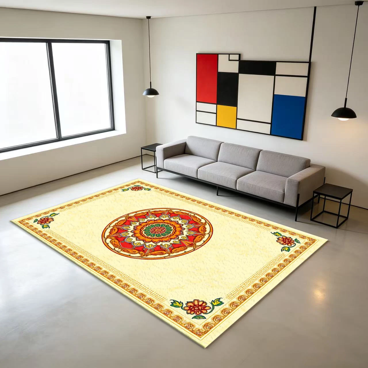 Classic European Mandala Border Carpet, Vintage Floral Pattern Carpet, Suitable for Villa Living Room