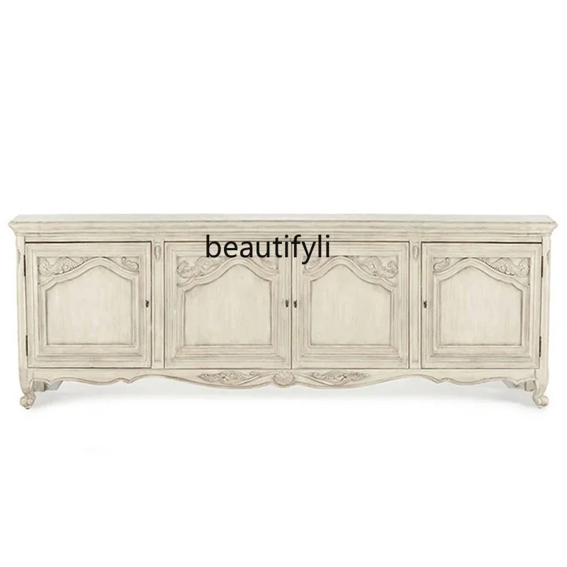 

European-Style Solid Wood Carved White Old TV Cabinet Retro Old Luxury Living Room Four-Door Audiovisual CabinetHY