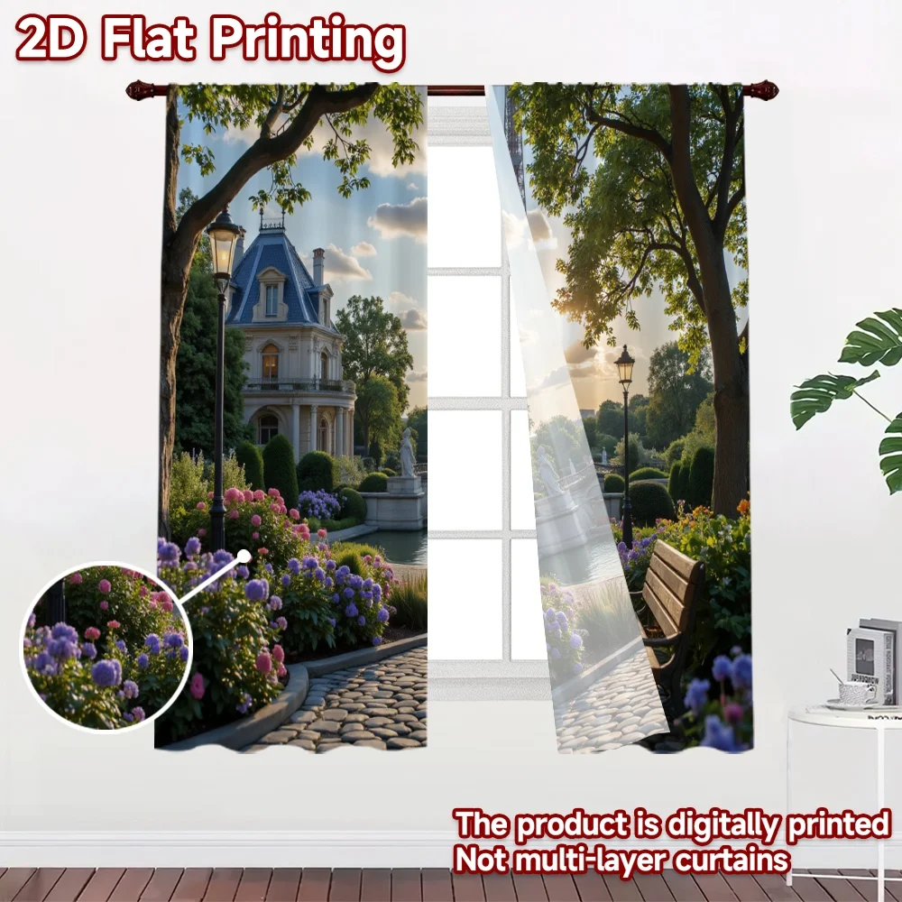 2D flat 2pcs Curtain Home Short Curtains Paris Garden Eiffel View Durable polyester fiber Festive Holiday Use for Booths Studio