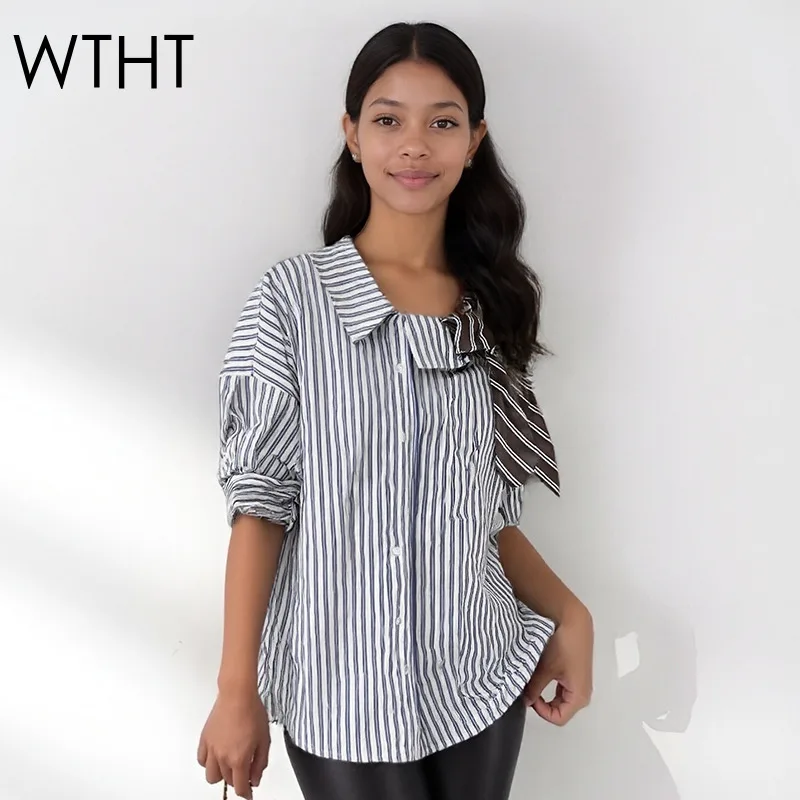 

WTHT New Fashion Women's Oblique Collar Tie Design Striped Shirt 2026 Spring Trendy Long Sleeves Loose Blouse Female 1LS2802