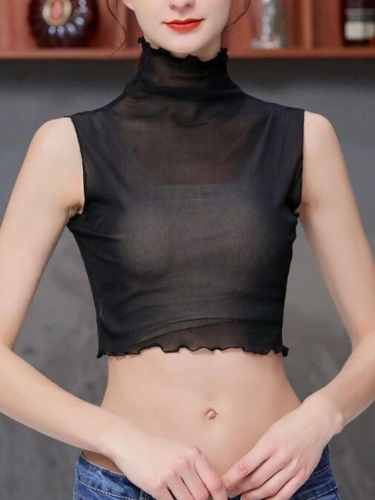 Summer Transparent Mesh Tank Tops Women Sheer Sexy Style Crops Breathable Solid Stylish Simple All-match Sleeveless Mujer Ropa