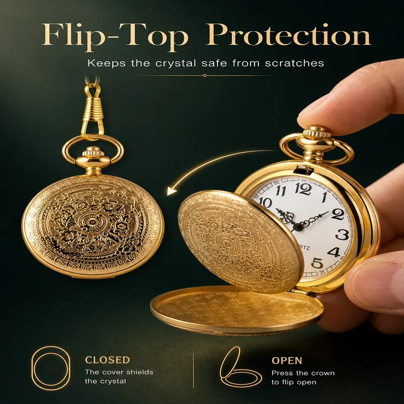 Vintage Golden Pocket Watch with Chain Retro Floral Engraved Quartz Pocket Clock Collectible Gift for Men Women
