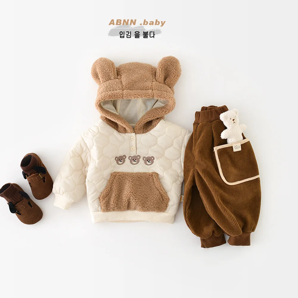 2025 Winter New Baby Boy Girl Cute Bear Hooded Sweatshirt Plus Velvet Thick Infant Versatile Tops Toddler Warm Padded Jacket