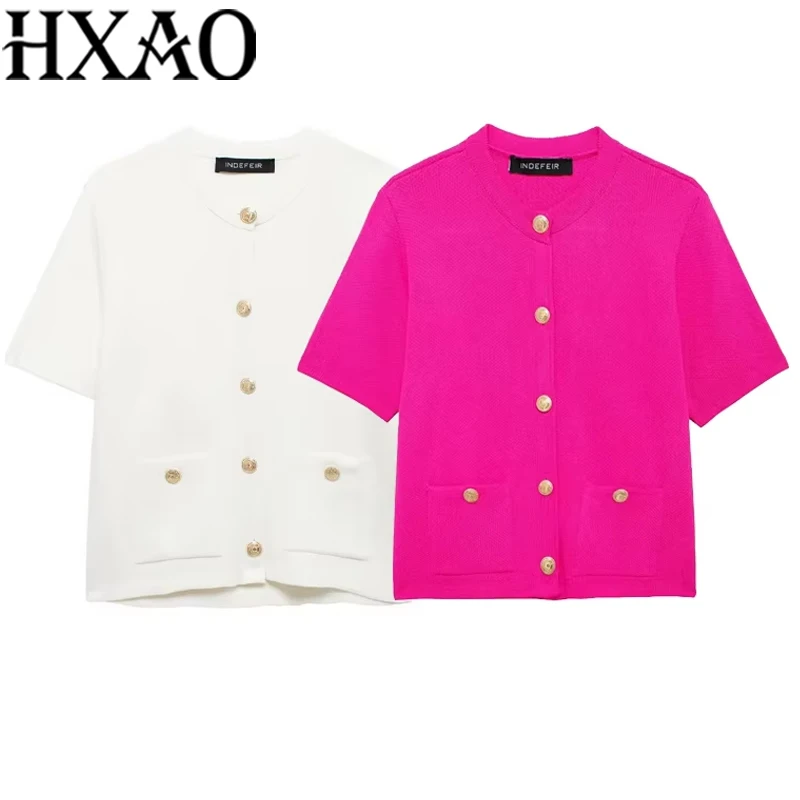 

HXAO Women's Knitted Outerwear 2024 Spring Autumn Elegant Short Sleeve Jacket Coat Ladies Fashion Casual White Rosered Knit Coat