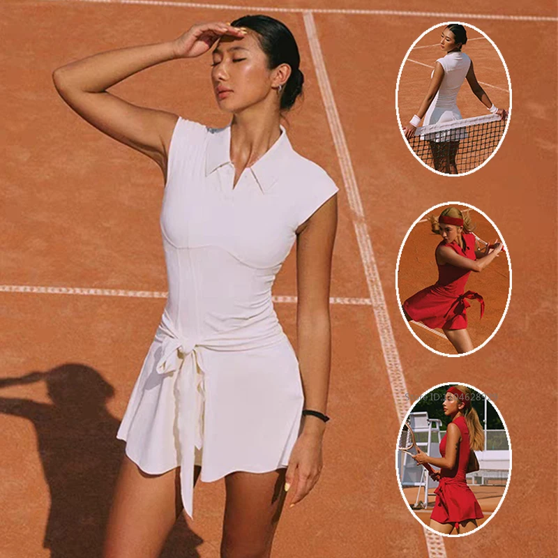 Summer New Women's Retro Polo Dress Sports Slim Tennis Golf Dresses Ladies Fly Sleeved Lace Up Skirts with Short Workout Fitness