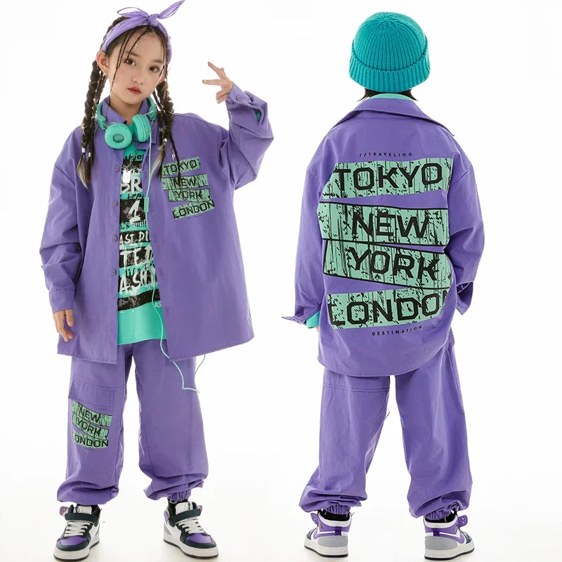 Girls Purple Long Sleeves Shirt Coat Boys Drum Jazz Performance Clothing Autumn Winter Kids Wear Hip Hop Dance Costume