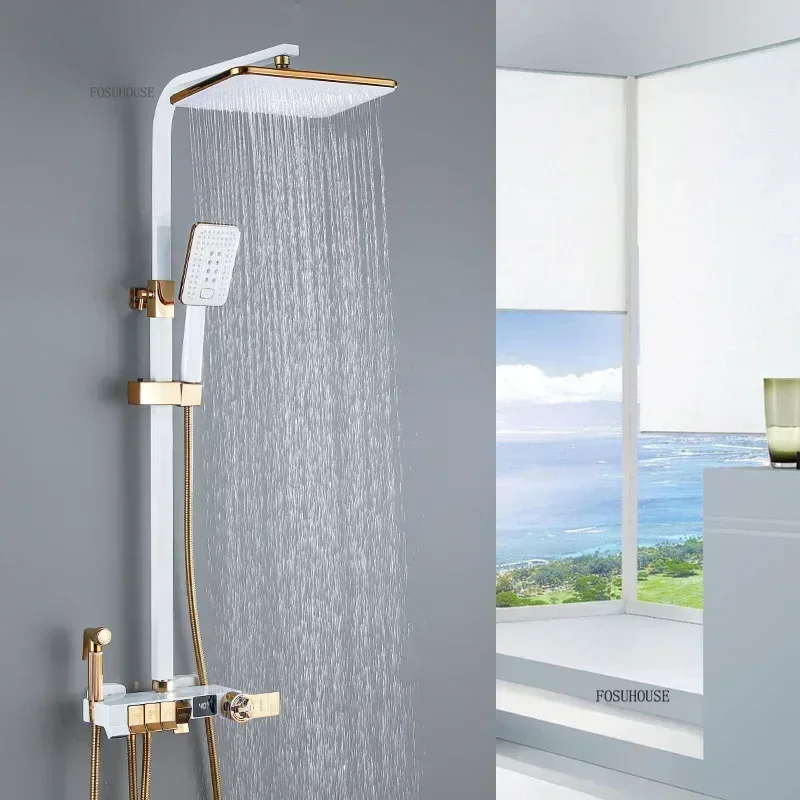 Nordic Smart Digital Display Bathroom Shower Set White Gold All Copper Faucet Hot and Cold Thermostat Rainfall Shower System p