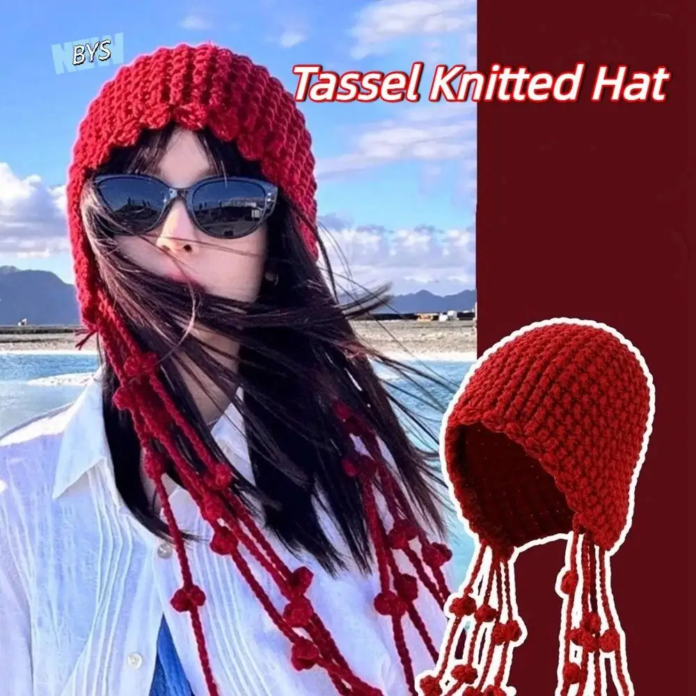 

Fashion Tassels Crochet Knitted Hat Hollow Out Handmade Knit Cap Bohemian Style Korean Weave Cap Girls