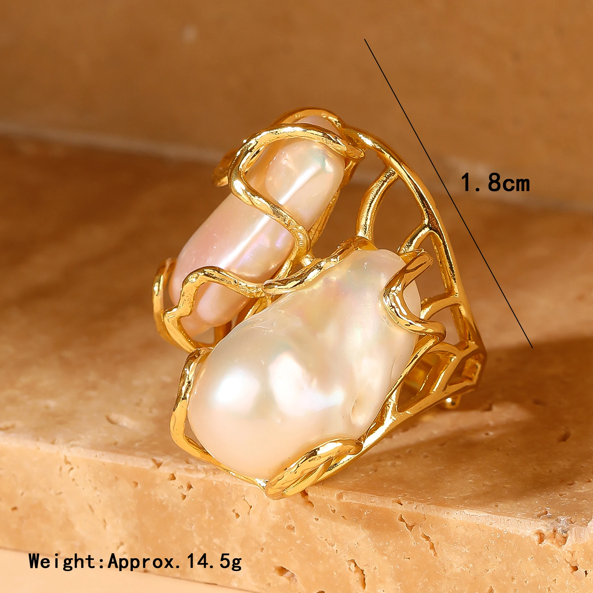 Natural Cultured White Keshi Pearl Biwa Pearl Rings Gold Plated Adjustable Ring For Lady