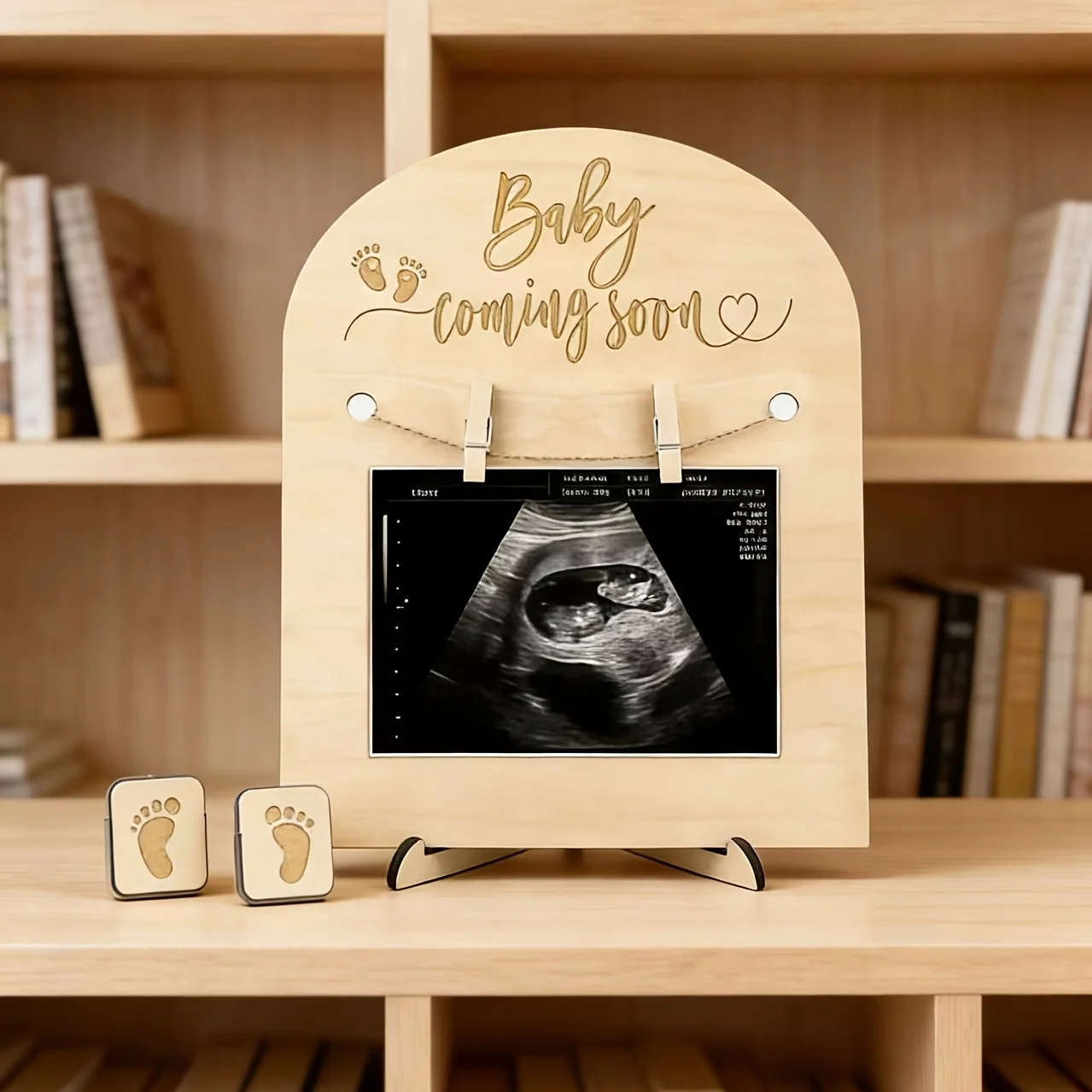Wooden Pregnancy Ultrasound Photo Frame with Stand, Engraved Baby Scan Memory Display Holder, Home Bedroom Decor