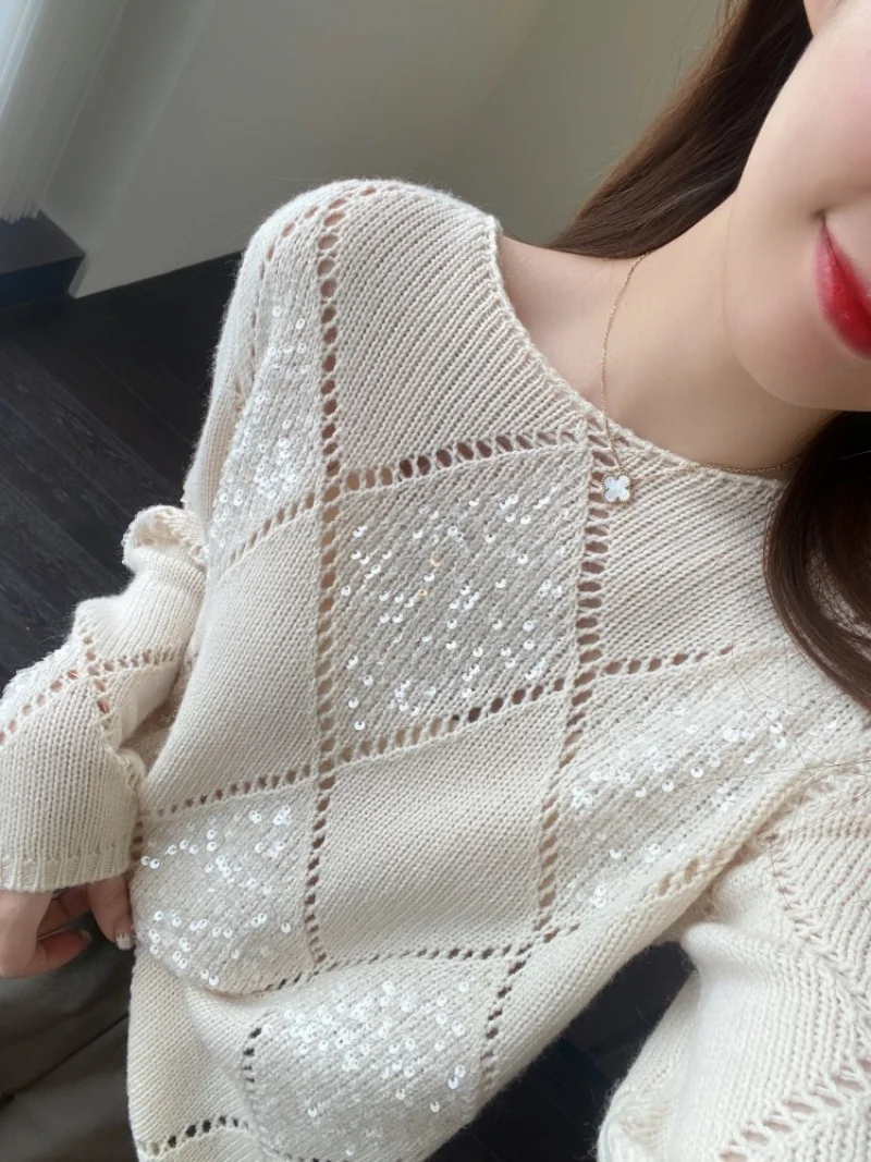 Fenggejiwo sequin hollow out lazy fashionable wool blend knitted sweater women's sweater autumn and winter new item