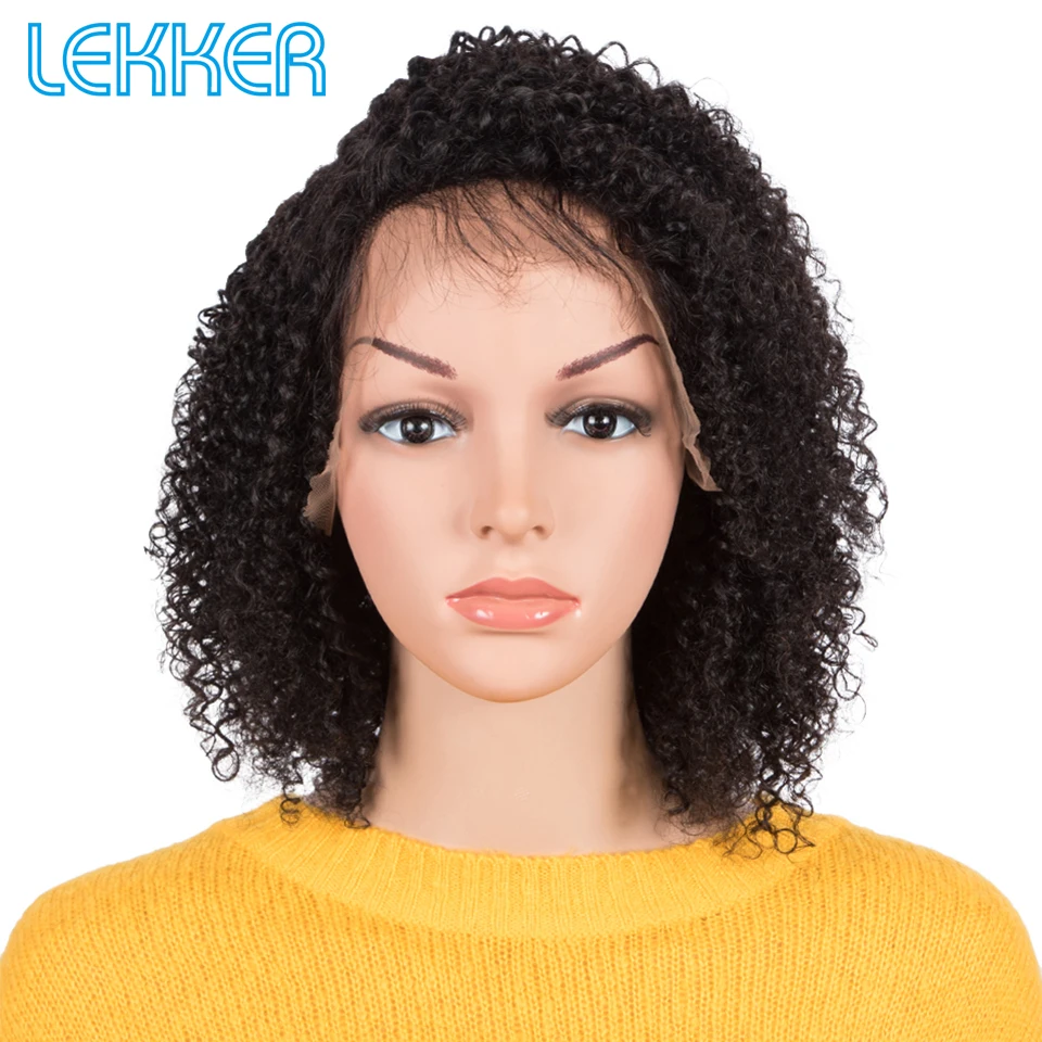 Lekker wig rambut manusia pendek Afro Kinky Curly Bob 100% untuk wanita rambut Remy Brasil 13x1 L bagian renda wig lem berwarna depan