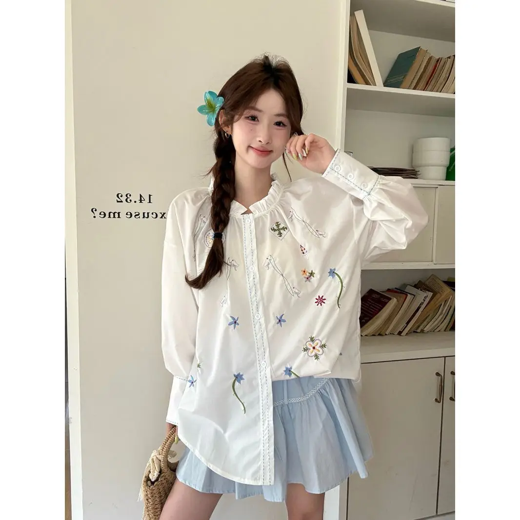 

Gagarich Women Loose Blouse 2025 Summer Vacation Style French White Embroidered Lace Long Sleeved Shirt Trend