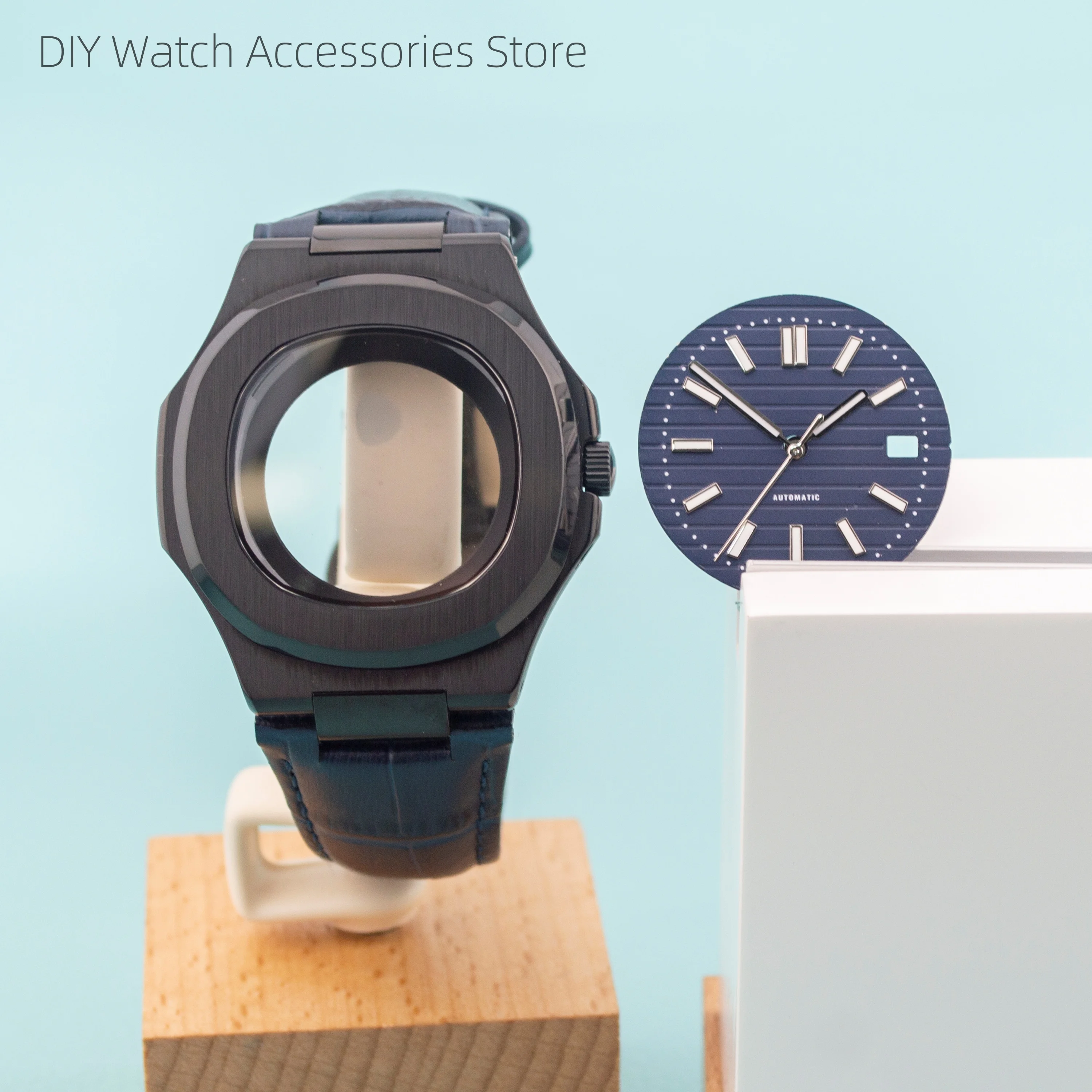 41mm Watchcase PVD Black Stainless Steel Case Genuine Leather Strap For Nautilus NH35 Automatic Movement Parts Replacements