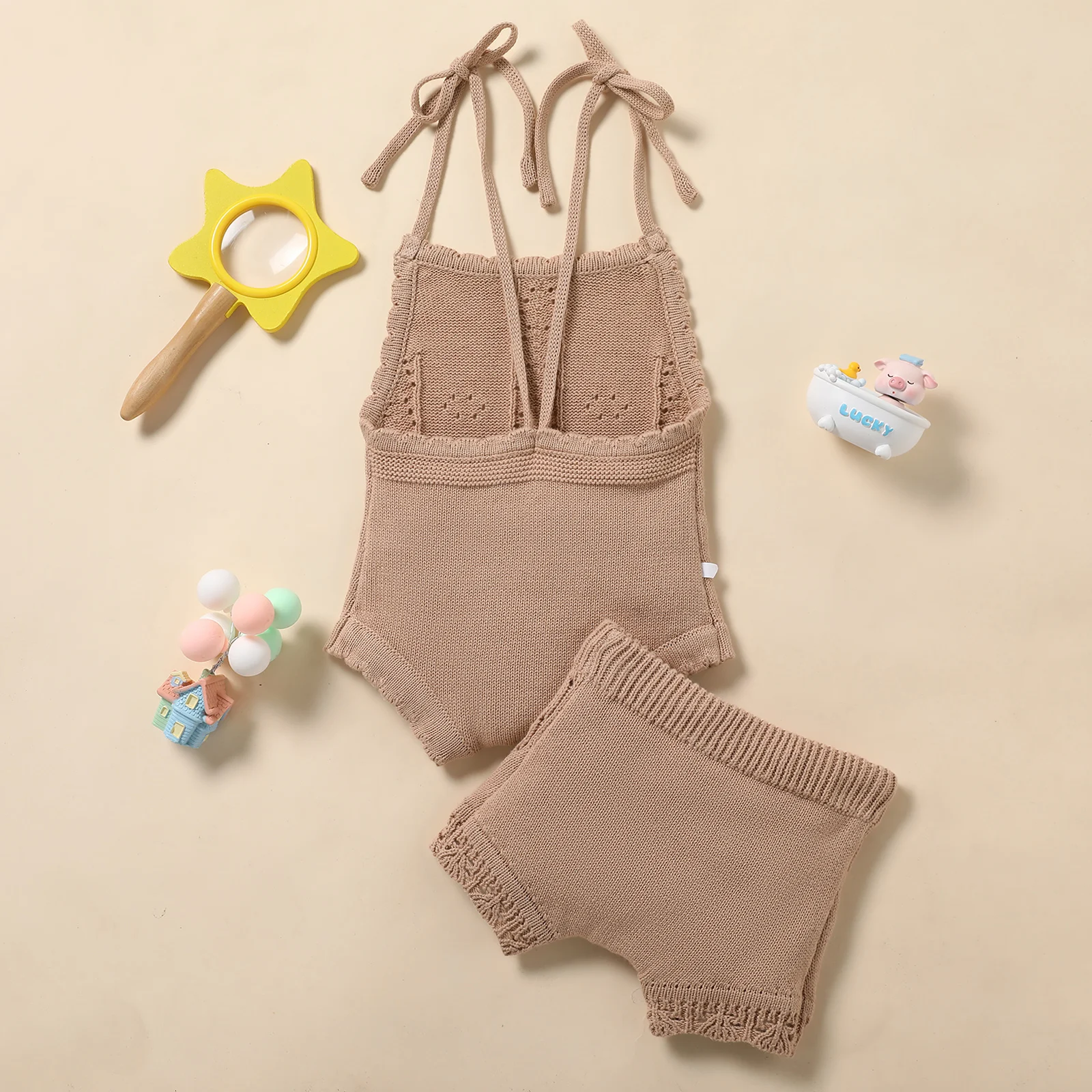 0-18M Baby Girls Summer Shorts Sets Solid Color Sling Lace-up Knitted Backless Rompers Drawstring Shorts Outfits for Photography