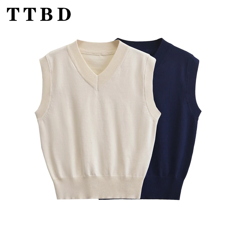 

TTBD 2024 New Spring Autumn Female Preppy Style Knitwear Sweater Solid Color Vest V-Neck Sleeveless top Leggings