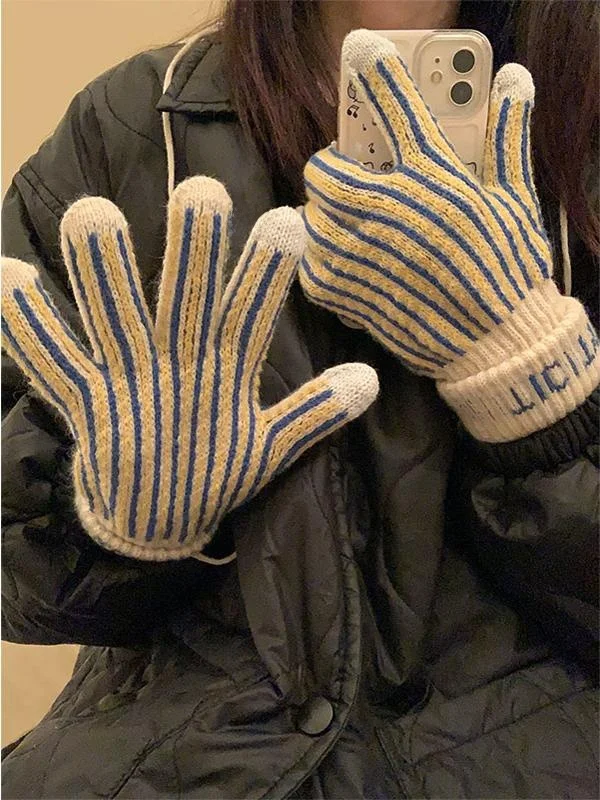 Thickened Fleece Touchscreen Knitted Woolen Gloves for Women Winter Cycling Warm Neck Hanging Cold Proof Retro Stripes Design