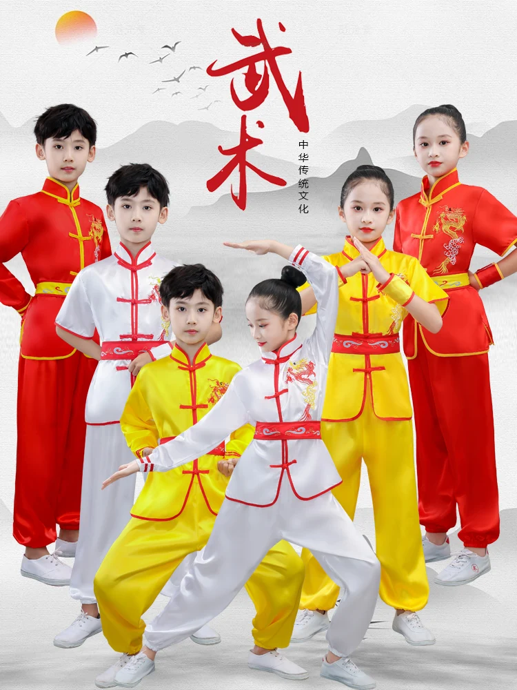 Conjunto de roupas Kungfu vintage para crianças, tai chi wushu, terno de artes marciais, uniforme kung fu, wing chun dragão Shaolin print, chinês, 2024