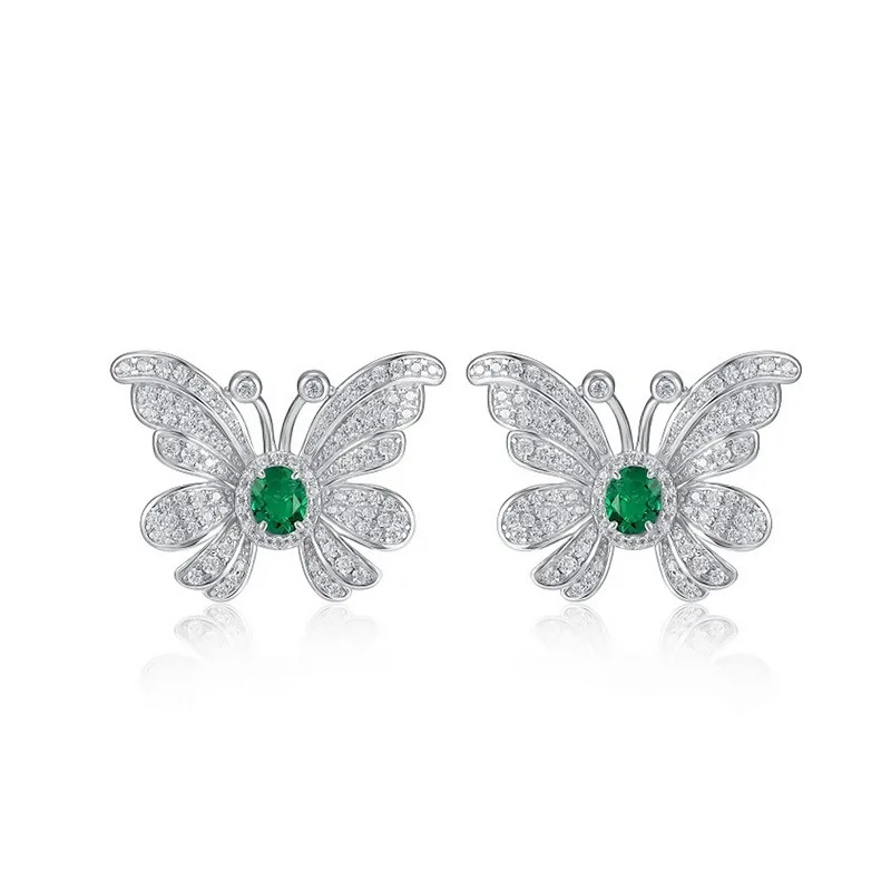 

Cross border New Butterfly Personalized Earrings S925 Silver Inlaid Cultivated Emerald Vintage Earrings