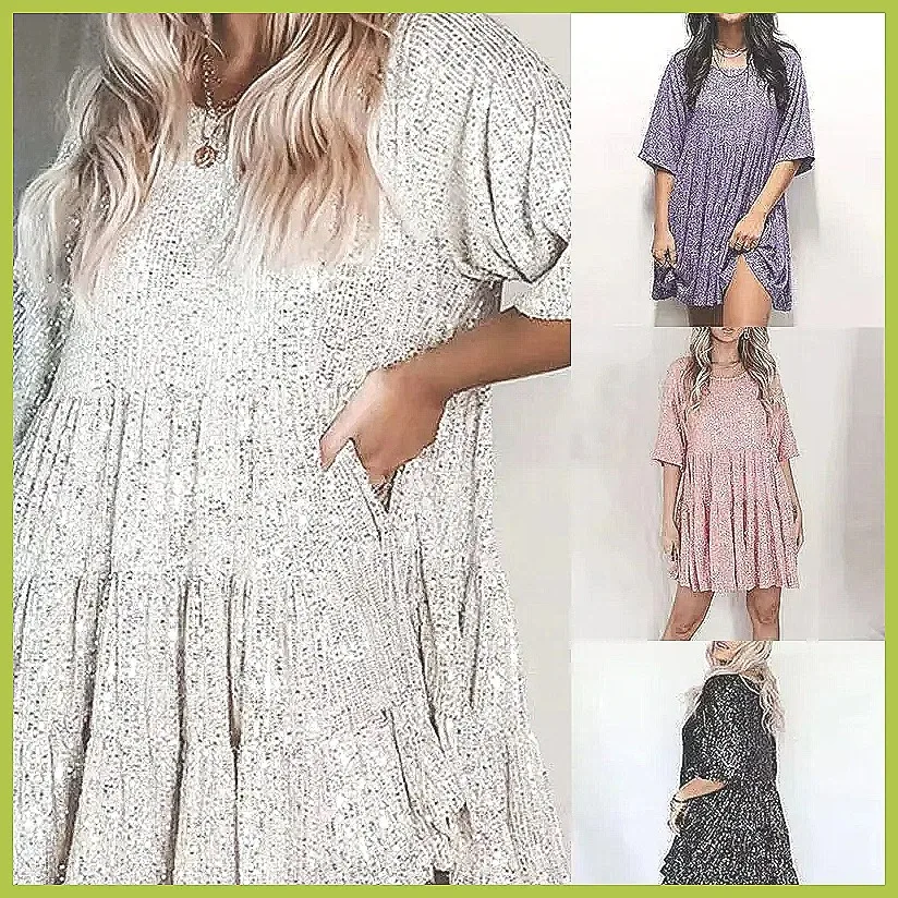 Abito Mini con Paillettes da Donna 2024, Vestito Scintillante con Collo Tondo e Maniche Corte per Feste e Banchetti