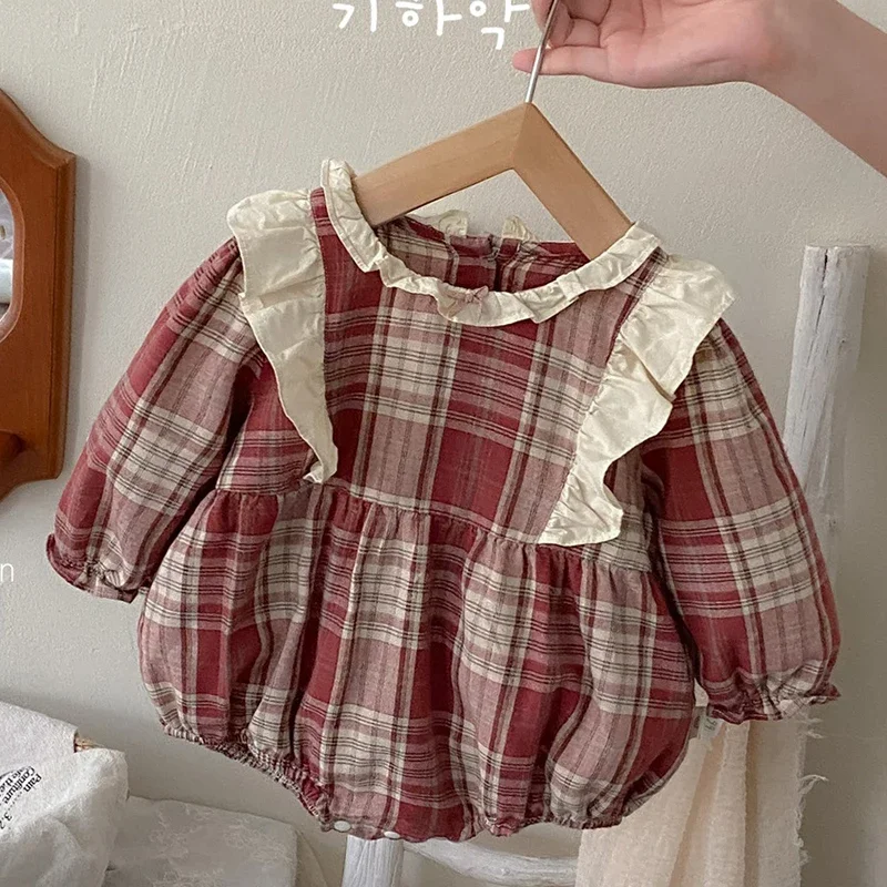 2025 New Autumn Newborn Baby Girls Bodysuits Long Sleeved Cotton Grid Infant Baby Girls Jumpsuit 0-24M Children Clothes 2
