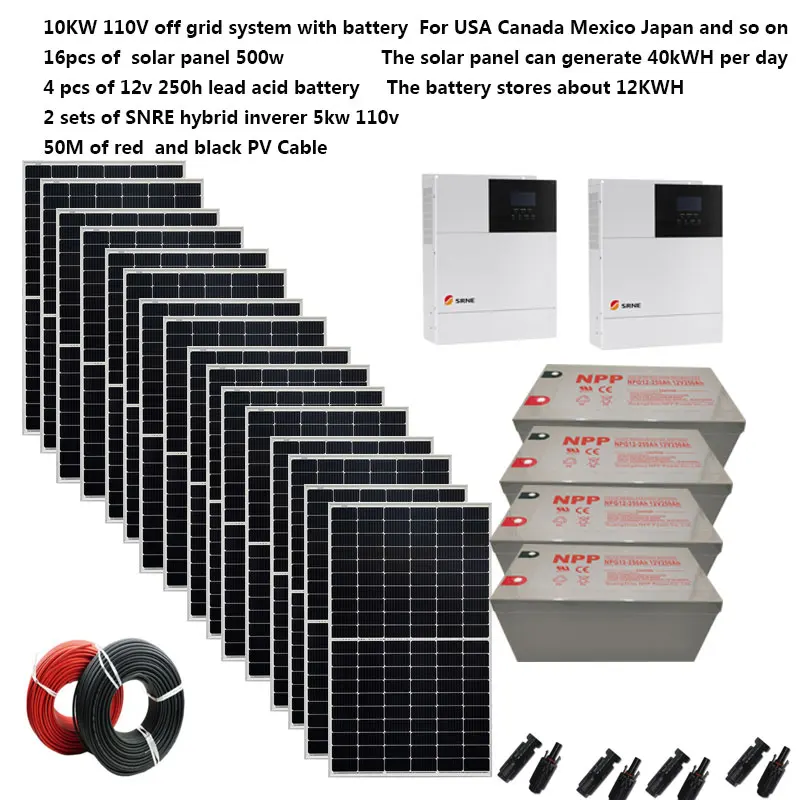 Solar Panel Kit Complete With Battery 10000W 10KW  Single Phrase 110V 220V 4HP Off Grid UPS Hybrid Inverter Home House Farm