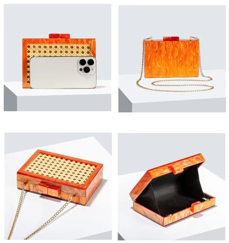 2025 Woman Leopard Fashion Rattan Handmade Woven Acrylic Box Clutches Evening Bag Female Party Handbag Wedding Bridal Purse