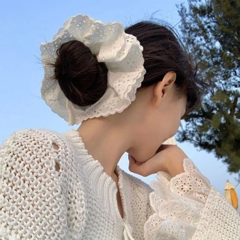 

Solid Color Lace Big Size Headband for Women and Girls Elegant French Lace Scrunchies Sweet Hair Rope Hair Accessorie Headwear