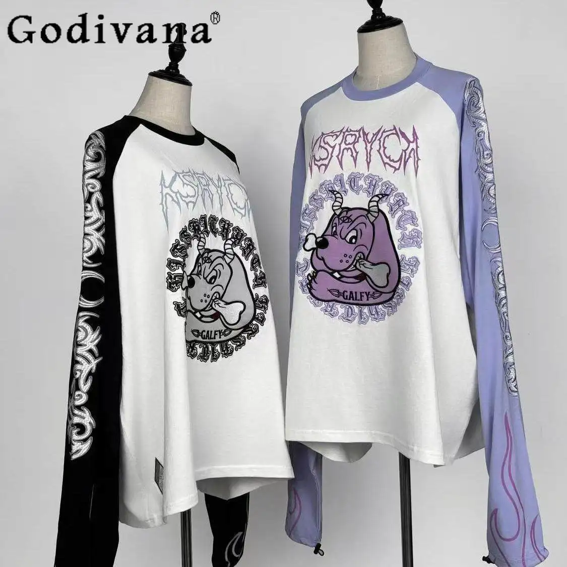 

Spring New Japanese Harajuku Streetwear Women Subculture Embroidery Flame Long Sleeve Oversized Long Sleeve T-Shirt Y2k Tops