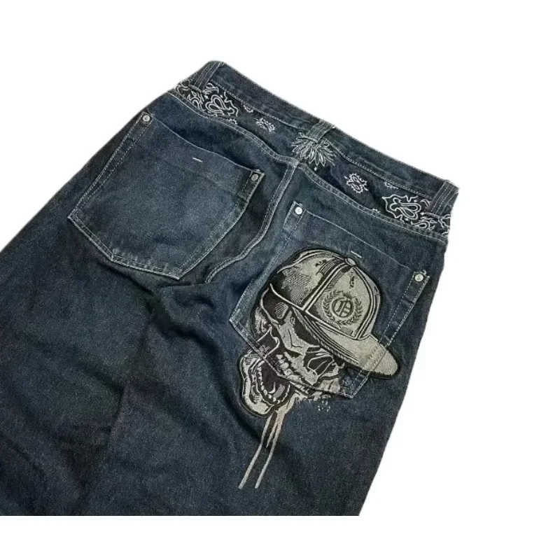 Y2K retro high street geborduurde jeans nieuwe schedel jeans gewassen goth hoge taille wijde pijpen rechte broek hiphop street wear