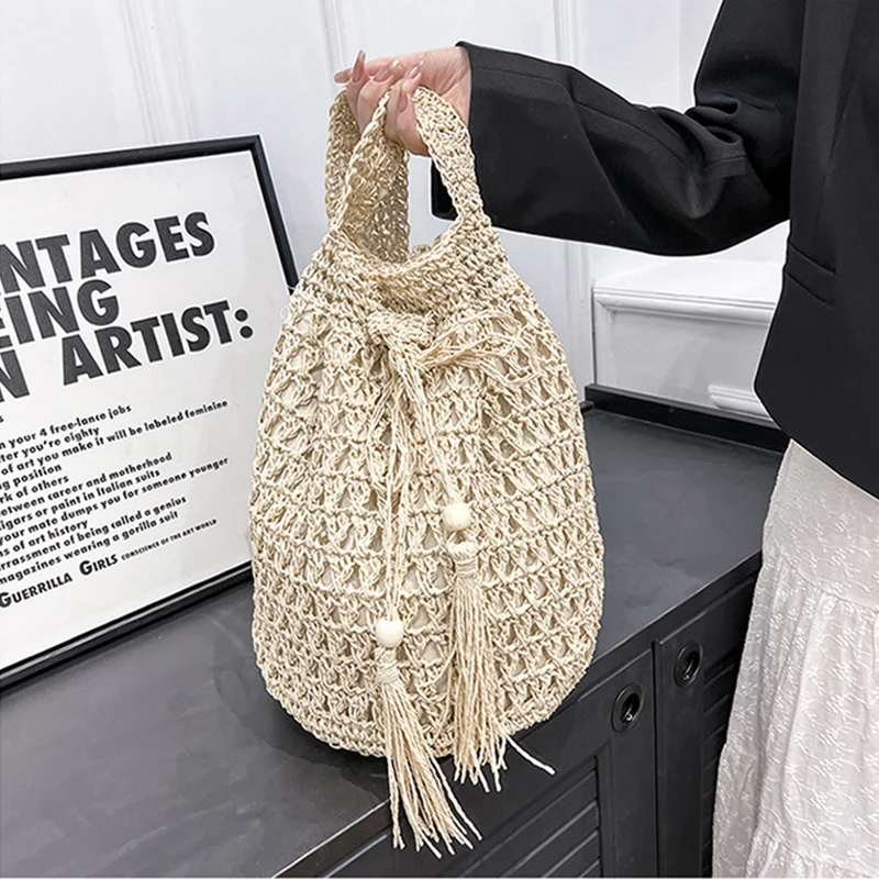 Straw Bag Female Summer Shoulder Beach Bag Large Capacity Bucket Women Crossbody Bags Fashion Drawstring Woven Travel Handbag