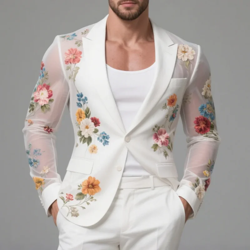 

Handsome New Men's Tops 2026 See-through Flower Printed Suit Coats Fashionable Male Hot Selling Long Sleeve Blazer