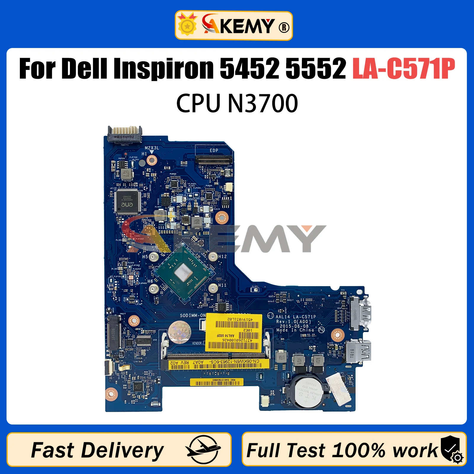 

AKEMY LA-C571P Laptop motherboard For DELL Inspiron 5452 5552 CN-0F77J1 0F77J1 Pentium Mainboard N3700 CPU 100% tested ok